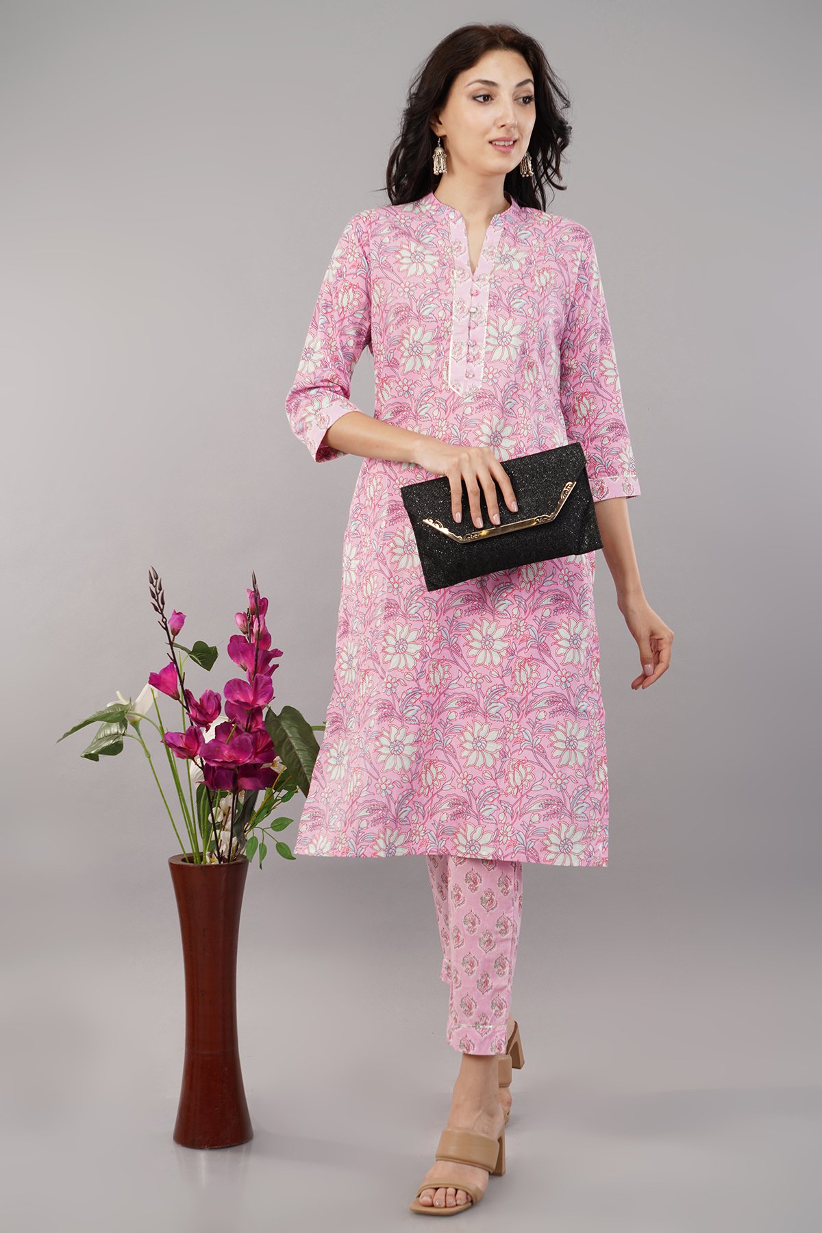 Pink Cotton Kurta With Pant